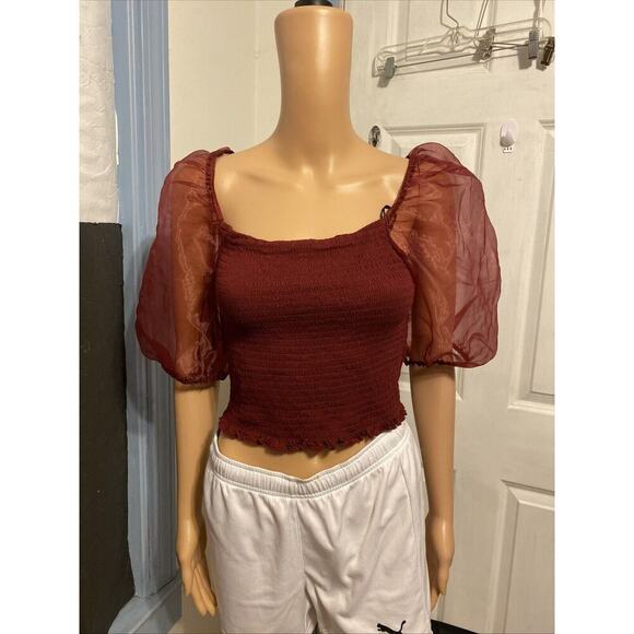 Y2K Cropped Top Square Neck Puff Sleeve Boho Fairy Grunge Vampire Coquette Sz L - Picture 8 of 8